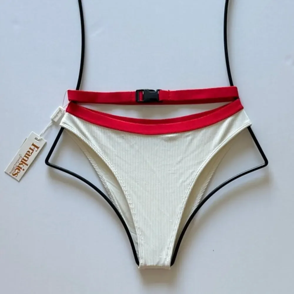 Frankies Bikinis Kiki High Waisted Buckle Bikini Bottom - White Red - S - NWT